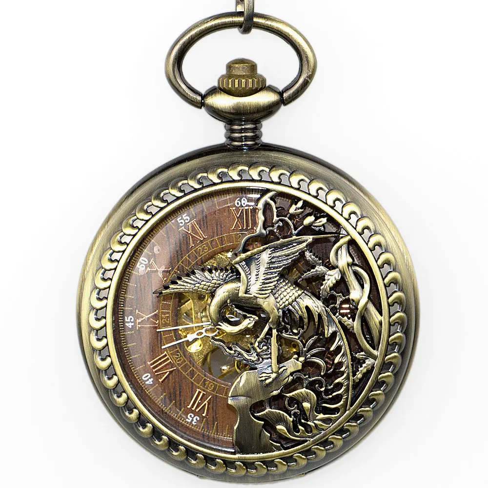 

Retro Phoenix Bird Mechanical Pocket Watch with Chain Engraved Hand Winding Pendant Clock Men Bronze Fob Watch PJX1333