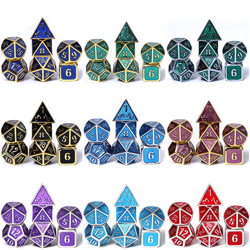 

Chengshuo dnd dice metal rpg set polyhedral dungeons and dragons d20 10 8 12 table game Zinc alloy silvery digital dices pattern