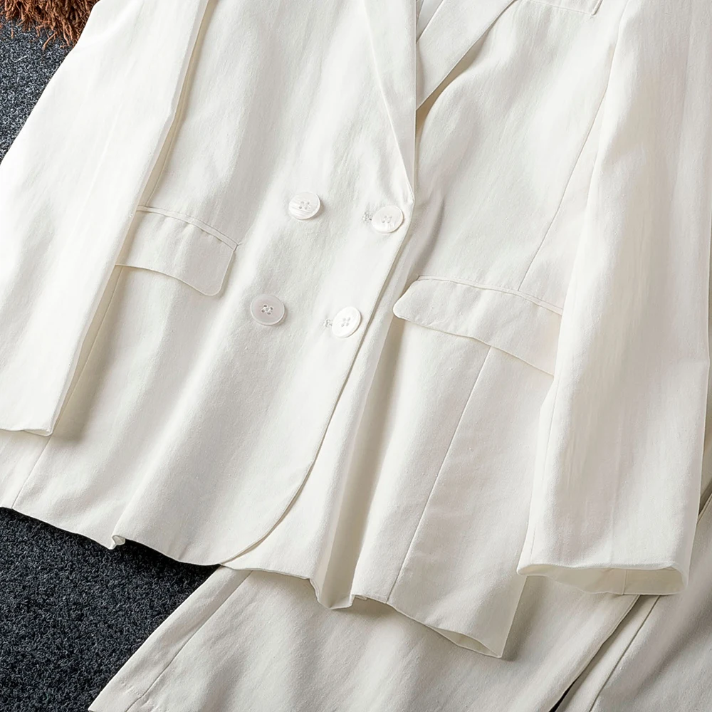 Good Quality New Cotton White Two Piece Set Double Breasted Blazer Women With Pant Fashion Fall Office Lady 2 Piece Set Women