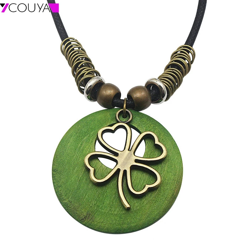 

7 Kinds of Leather Chain Necklace Gift Bohemia Choker Coffee Green Wooden Pendant 2016 Sweater Statement Necklaces for Women