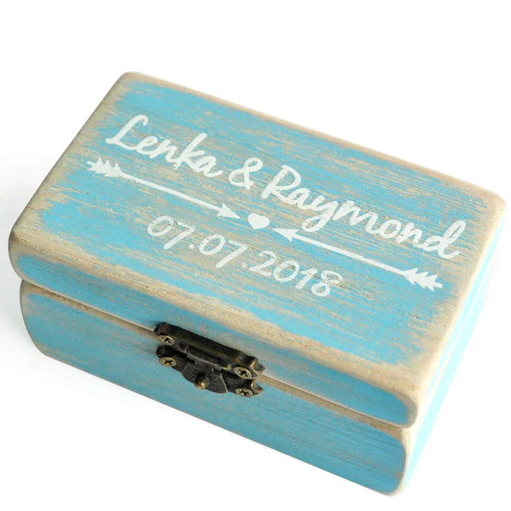 

Vintage Blue Wedding Ring Box, Personalized Bride and Groom's Wedding Ring Holder Box Rustic Wedding Gift