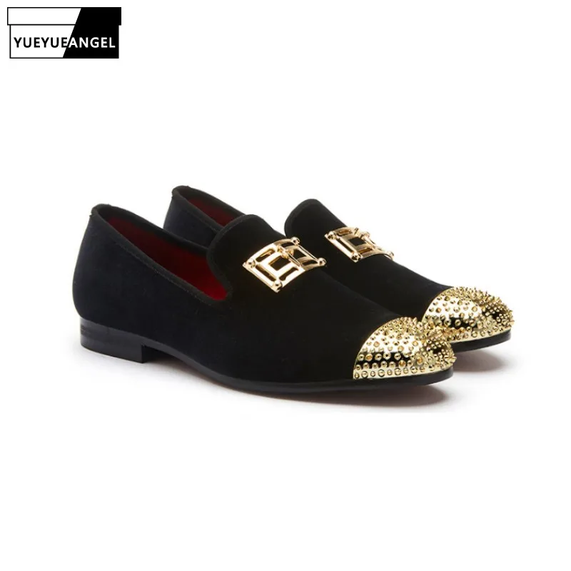 

Fashion Men Faux Suede Leather Slip On Shoes Rivet Golden Pointed Toe Night Club Footwear Party Loafers Casual Shoes Plus Size
