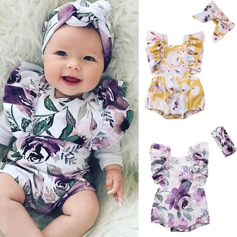 

2Pcs Baby Rompers+Headband Sleeveless Infant Flower Baby Girl Clothes Summer New Born Baby Clothes Summer Jumpsuit Outfit 0-24M