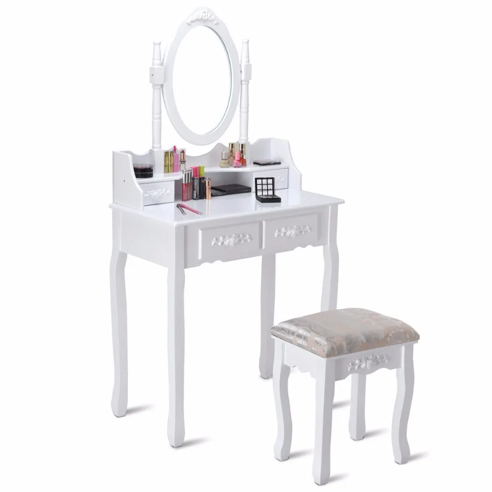 Women White Dresser Wood Makeup Vanity Table Stool Set Jewelry