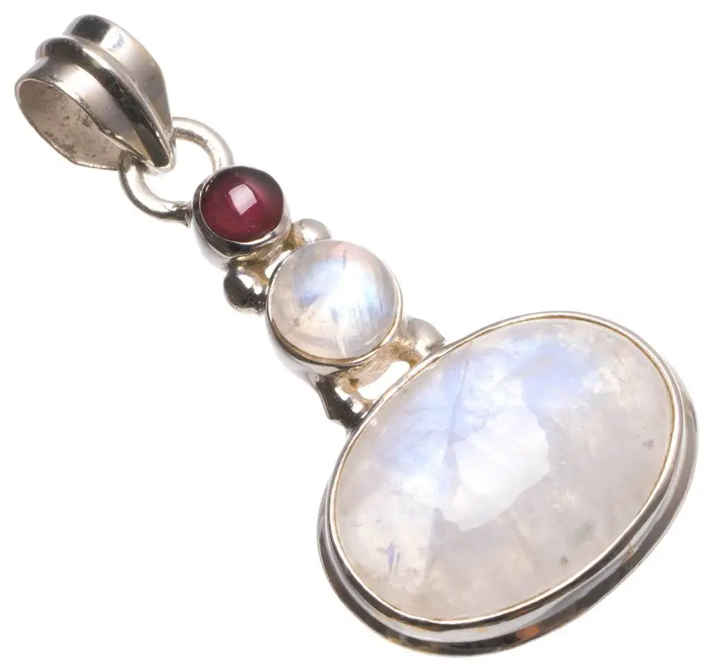 

Natural Rainbow Moonstone and Amethyst Handmade Unique 925 Sterling Silver Pendant 1 1/2" U0193