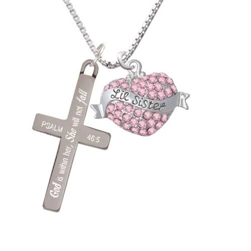 Lil Sister Banner on Pink Crystal Heart - She will not Fall - Cross Necklace (1)