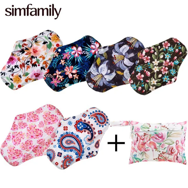 [simfamily] 6+2 Including 6Pcs Reusable Waterproof Regular Flow Menstrual Pads+2Pcs Mini Wet Bag Bamboo Charcoal Material Pads