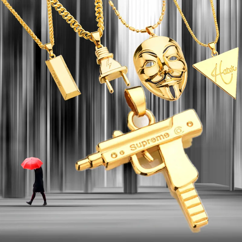 2017 New Punk Mask Plug Supreme Gold Silver Metal Submachine Hatet Maxi Pistol font b Necklace