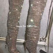 Новые модные женские шикарные Рим Сапоги до колена на высоком каблуке слипоны мотоцикл сплошной острый носок тонкий каблук Обувь