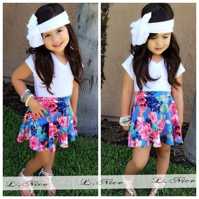 [Bosudhsou] 8# детская юбка+ футболка летнее платье для девочек короткое платье принцессы комплект детской одежды, розовое/белое хлопковое платье