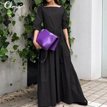 

Celmia Summer Sundress 2020 Women Vintage Ruffles Dress Casual Solid Loose Half Sleeve Pleated Long Shirt Vestido Robe Plus Size
