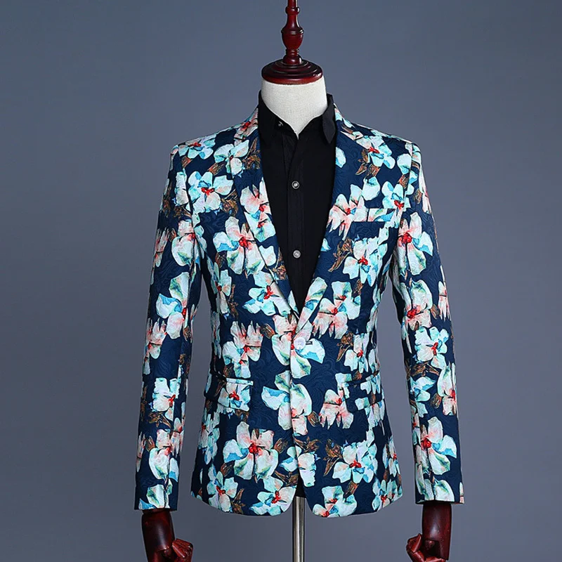 Синий цветочный блейзер Masculino бренд Slim Fit одной кнопки для вечерние свадьбу спортивные пиджаки для выпускного мужской сценический для певца одежда