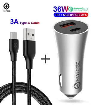 

36W 2-port Quick Charge 4.0 Car Charger QC3.0 6A and Quick Charging Type-C Cable For iPhone 11/X/8/iPad/Samsung/Huawei/XIAOMI