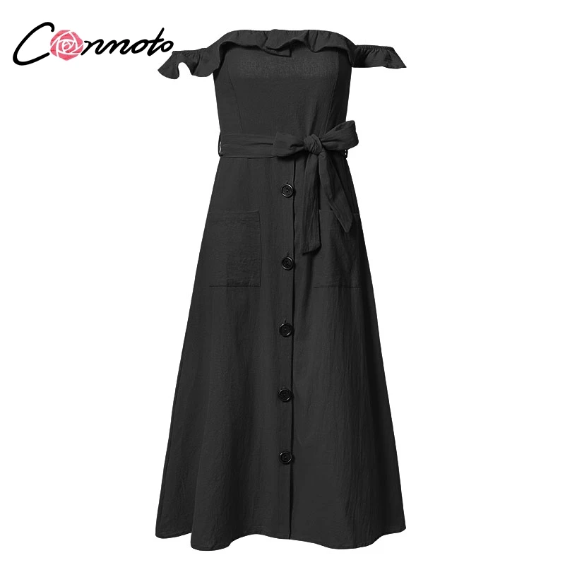 Conmoto Сексуальное винтажное платье с воланами, длинное платье с открытыми плечами, длинное платье с бретельками, платье миди для вечеринок - Цвет: Черный