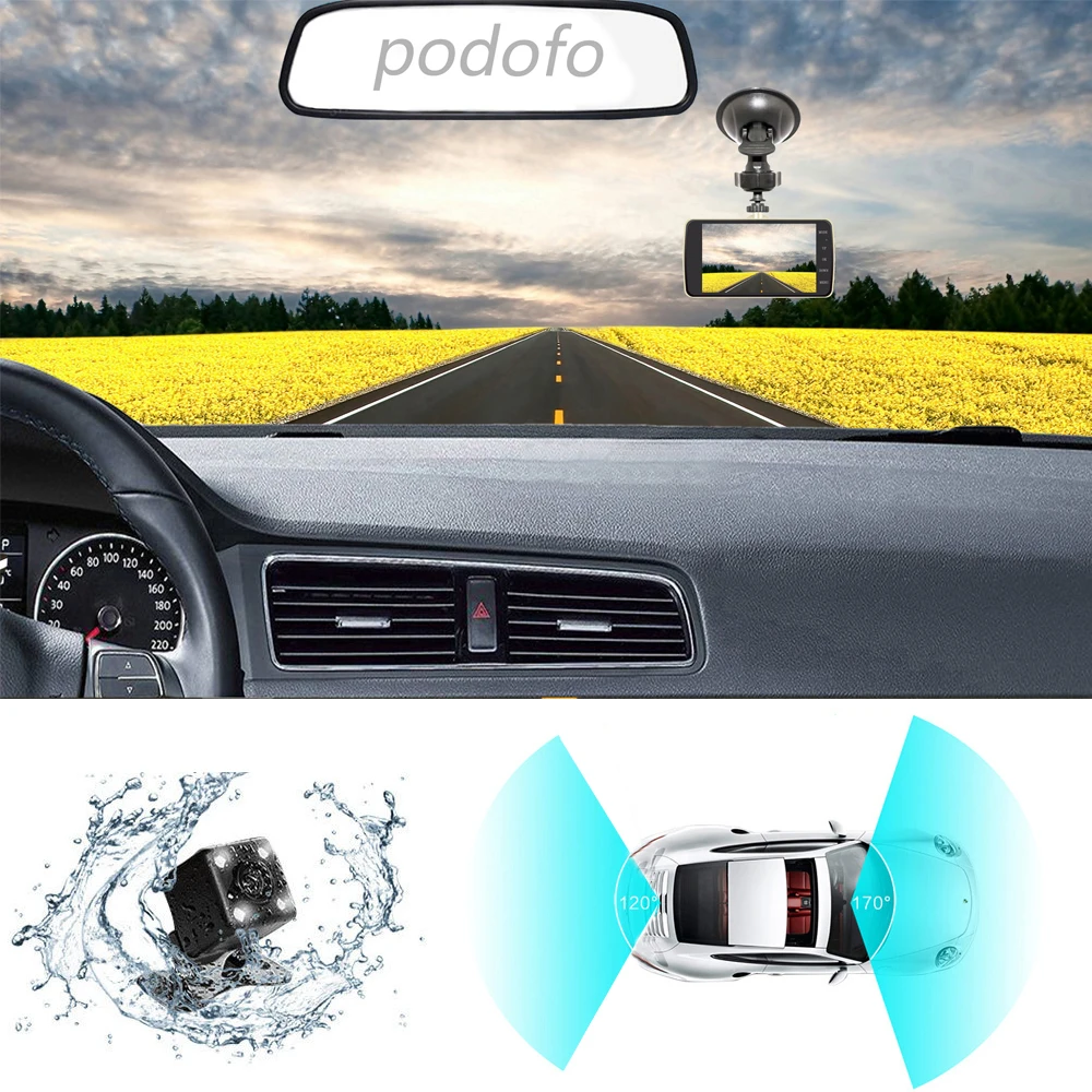  Podofo Novatek 96658 4.0 Inch IPS Screen Dual Lens Car DVR Camera Full HD 1080P Vehicle Video Recor