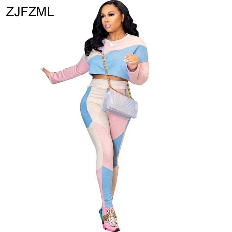 ZJFZML هندسية خليط قطعتين مجموعات الخريف ملابس النساء طويلة الأكمام المحاصيل قمم + Bodycon السراويل اللون كتلة 2 قطعة بذلة رياضية