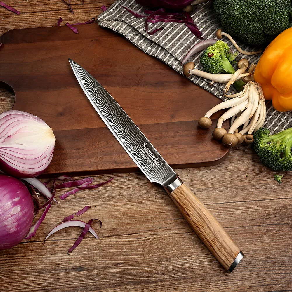 

SUNNECKO 8" Slicing Knife Damascus Steel Razor Sharp Blade Original Wood Handle Japanese VG10 Chef's Slicer Kitchen Knives