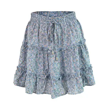 

Women Summer High Waist Ruffles Printed Skirt Printing design Above Knee Length Slim Beach Skirt Casual