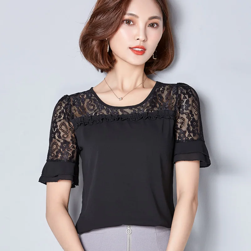 

2017 fashion spring short Sleeve Chiffon Shirt Women Lace Blouse Solid Color Sexy women shirt 80F 30