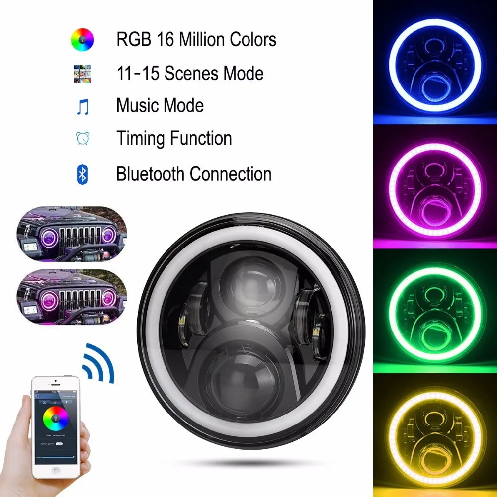 7 дюймов RGB фары, 7 дюймов светодиодный налобный фонарь+ 4 дюймов RGB Противотуманные фары передний бампер фары с RGB Halo Кольцо для Jeep Wrangler JK