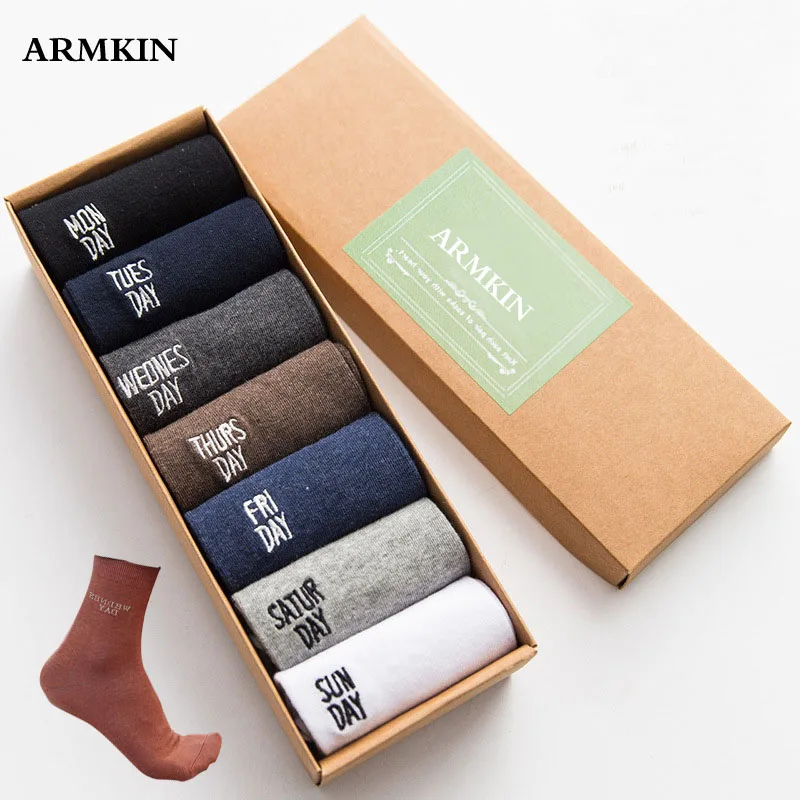 

ARMKIN 7 Pairs/lot Casual Business men socks Crew socks Cotton pure color calcetines happy funny Weekly Socks chaussette homme