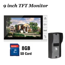 New 9 Inch Big Screen+8GB SD Card Video Record Door Phone Intercom System Outdoor waterproof Doorbell Camera Intercom Door bell