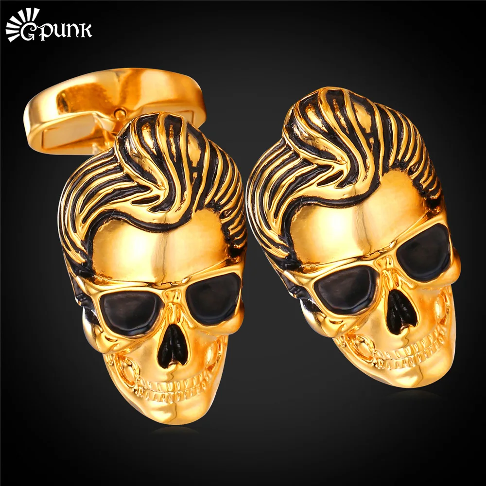 

Punk Rock Skeleton Cufflinks For Men With Gift Box Gold color Wholesale Skull Head Cuff Button valentine day gift
