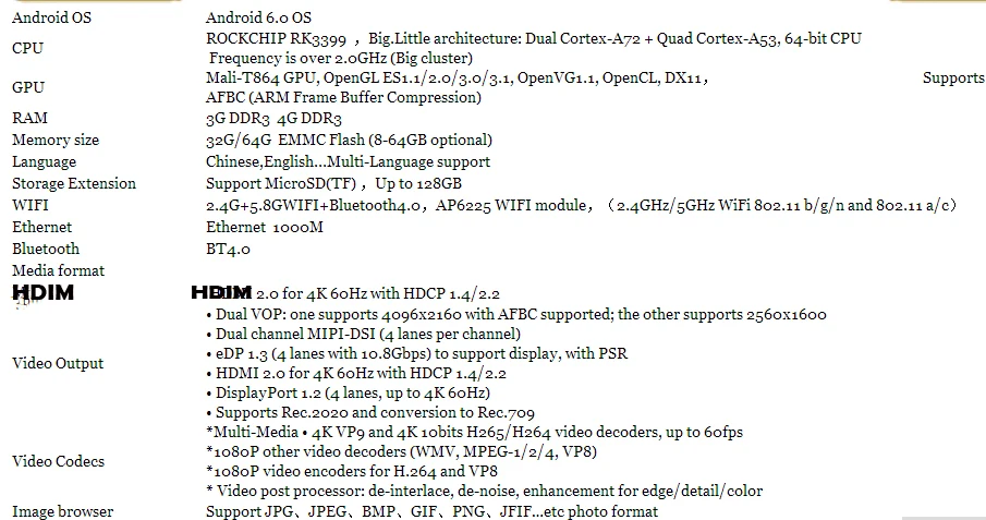 С двумя камерами, процессор Rockchip RK3399 CSA96 Android 6,0 ТВ коробка 4G/32G Cortex-A72+ Cortex-A53 64-разрядный двойной WI-FI 2,4/5,0 ГГц Bluetooth 4,1 Декодер каналов кабельного телевидения OTT