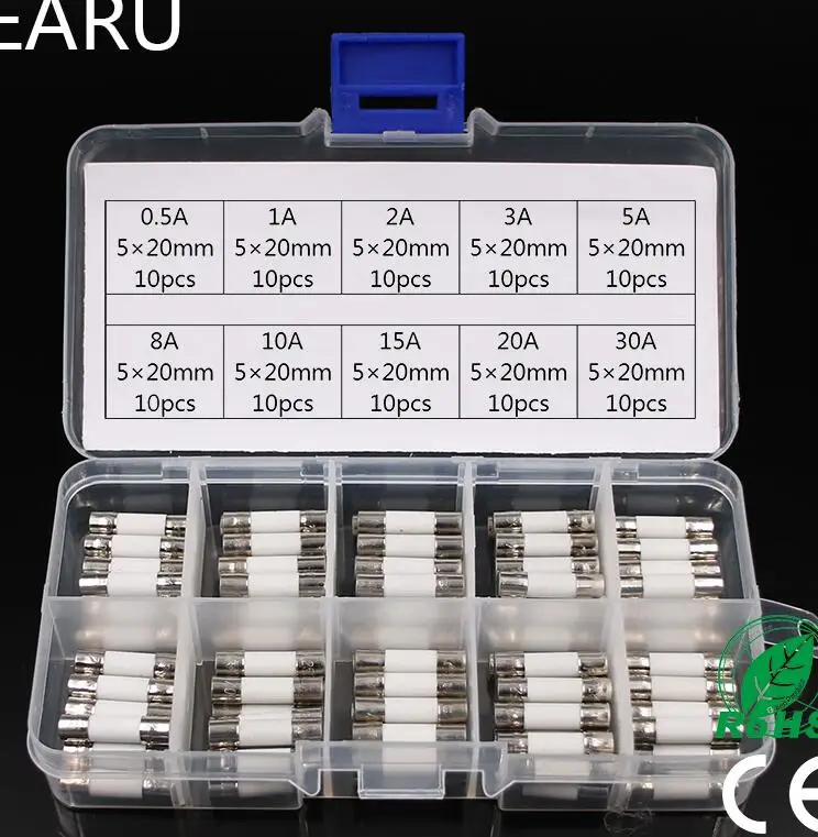 100 шт. Керамика предохранителя 5 мм x 20 мм медленный T 0.5A 1A 2A 3A 4A 5A 6A 8A 10A 13A 15A 20A 30A 250V автомат защити цепи автомобильному O - Цвет: One Box