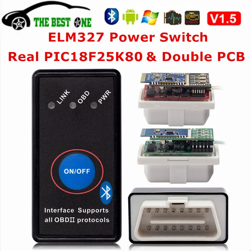 Лучший чип PCB PIC18F25K80 ELM327 V1.5 Bluetooth выключатель питания Мини ELM 327 1 5 OBDII считыватель