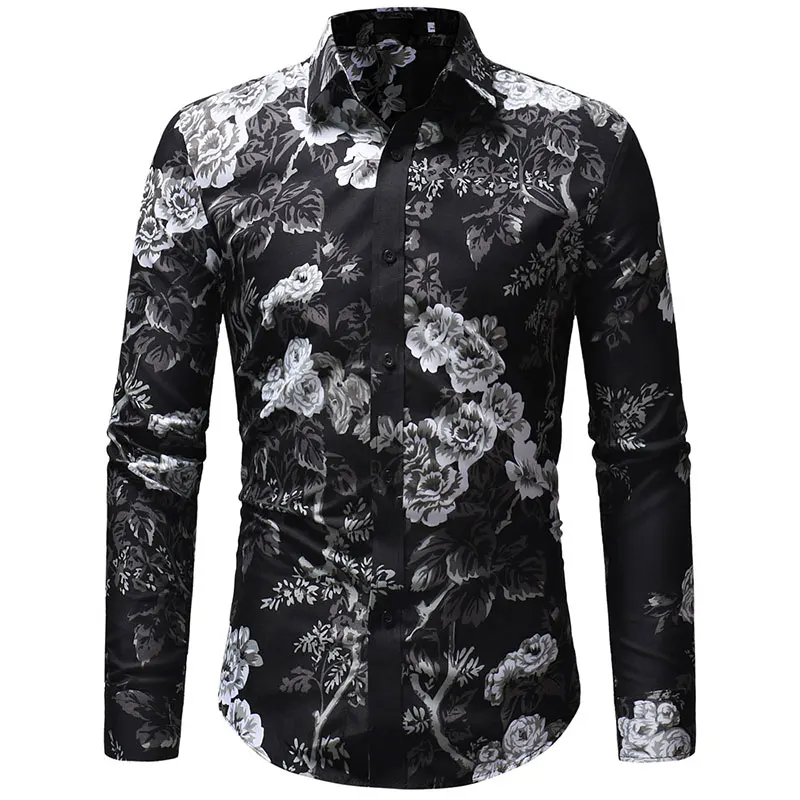 Unique Slim Fit Classic Collar Rose Prints Dress Shirts Mens Clothes ...