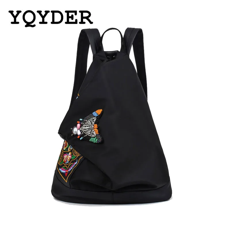 

YQYDER National Style Women Embroidered Backpack Vintage Bead Nylon Anti - theft Shoulder Bag Female Travel Bagpack Mochila Sac