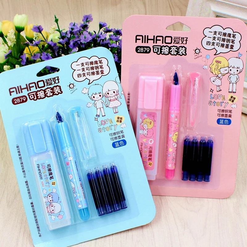 

AIHAO Cute Plastic Erasable Fountain Pen With 4 pcs Ink 2 colors available For Kids Gift Korean Stationery IB01
