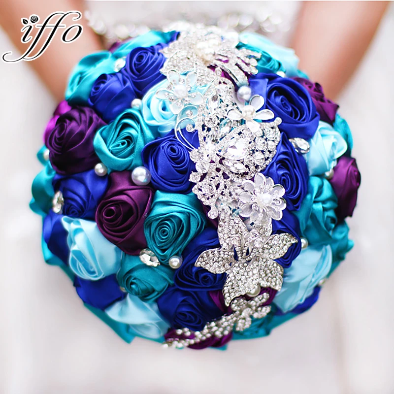 Bride Holding Flowers New Arrival Romantic Wedding Colorful Rose Bride S Bouquet Royal Blue Teal Purple Bridal Brooch Bouquets Brooch Rhinestone Flower Cambrooch Stone Aliexpress