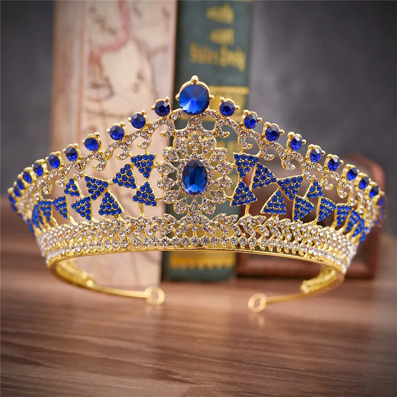 Mamojko, Большая барочная винтажная зеленая Королевская Синяя кристальная Королевская корона, Золотая свадебная повязка на голову, красивая свадебная тиара для женщин