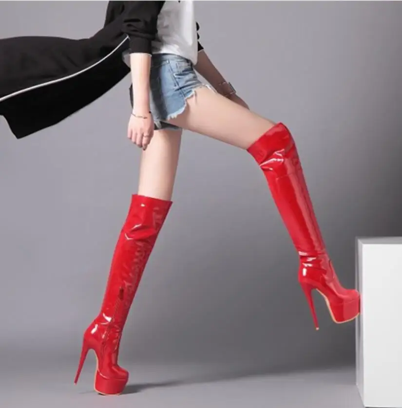 Женские ботинки, г. большой размер, длина 22,5-28 см, очень высокий каблук, лакированная кожа, сапоги до колена, модные, пикантные - Цвет: red