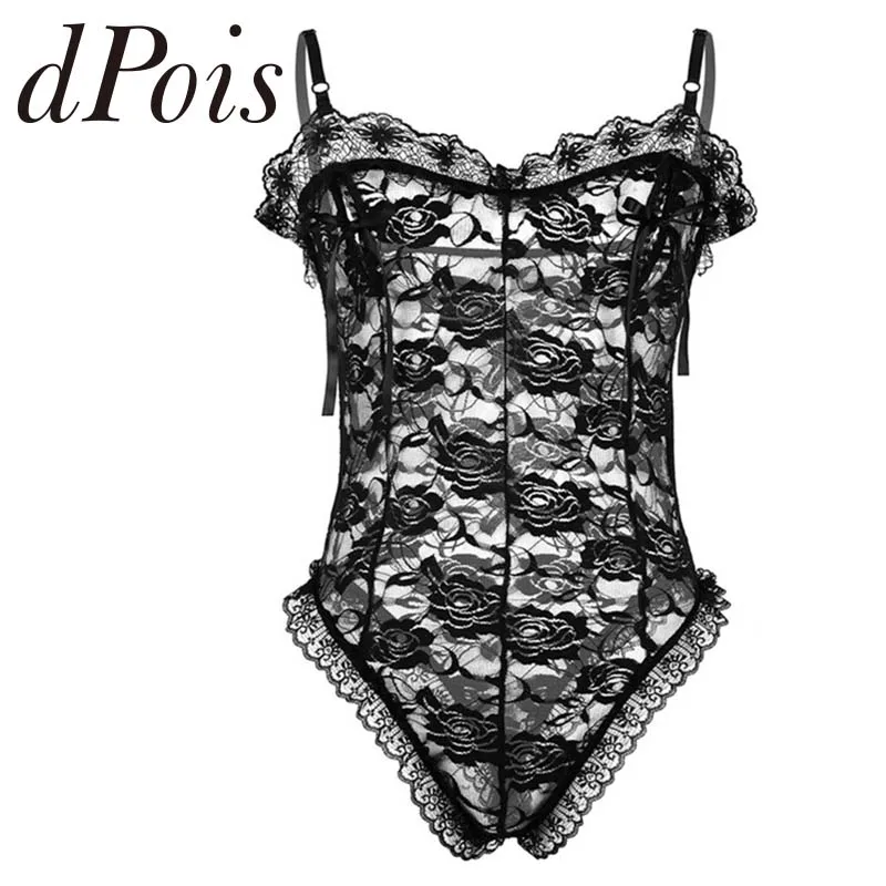 

Mens Sissy Lingerie Adjustable Spaghetti Straps See Through Lace Floral Nipple Splits with Ribbon Thong Sexy Bodysuit Nightwear