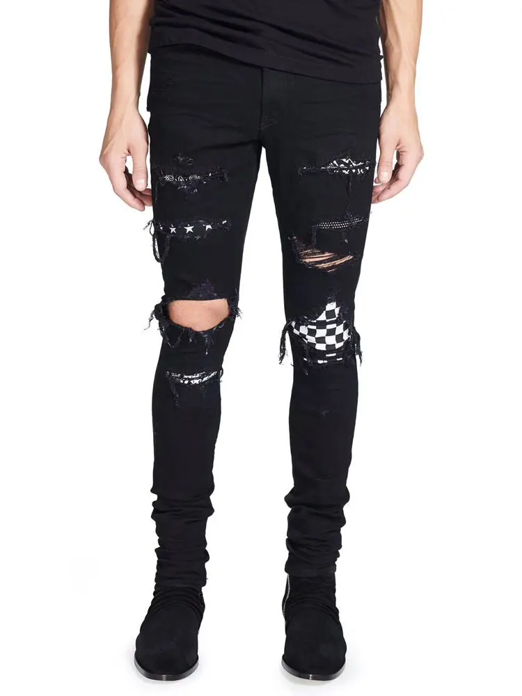 

American Streetwear Fashion Men Jeans Black Color Elastic Destroyed Ripped Jeans Men Broken Pants Hip Hop Skinny Jeans homme