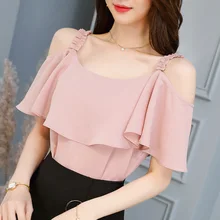 Летняя модная женская блузка с коротким рукавом, шифоновые рубашки с открытыми плечами, сексуальные женские топы и блузки, розовая/белая Повседневная Блузка