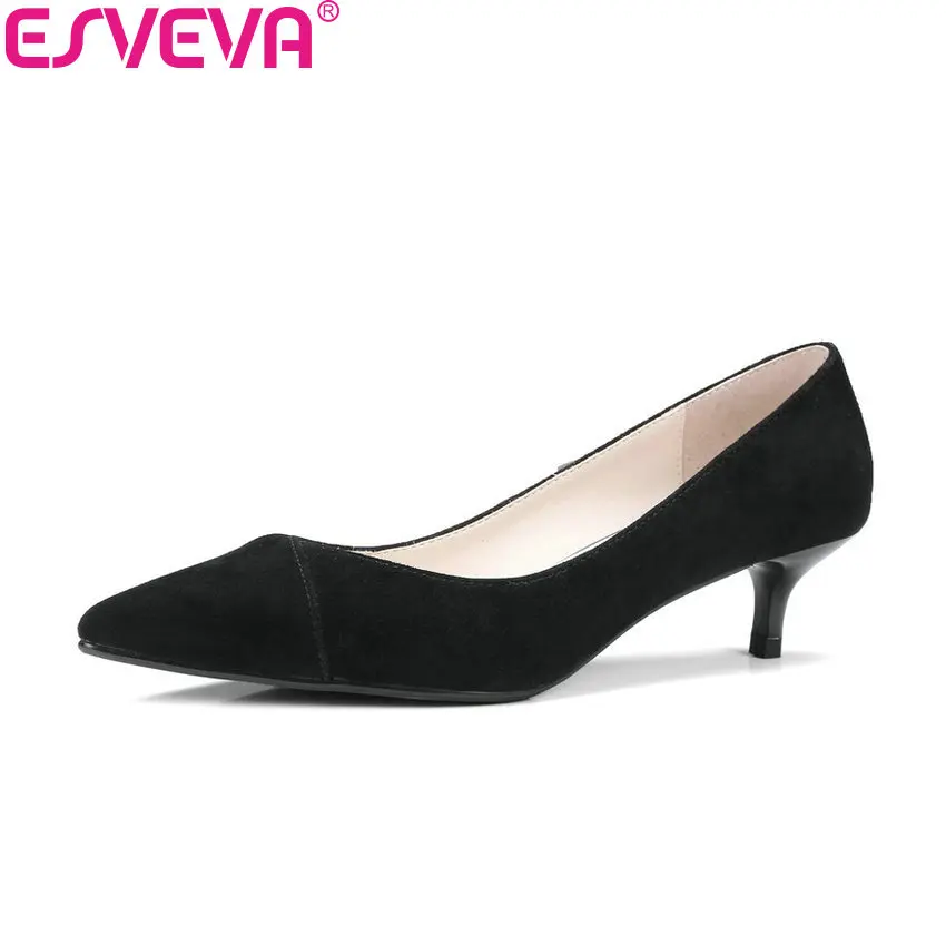

ESVEVA 2018 Women Pumps Casual Thin Med Heels Kid Suede PU Slip on High Heels Pointed Toe Elegant Ladies Shoes Size 34-39