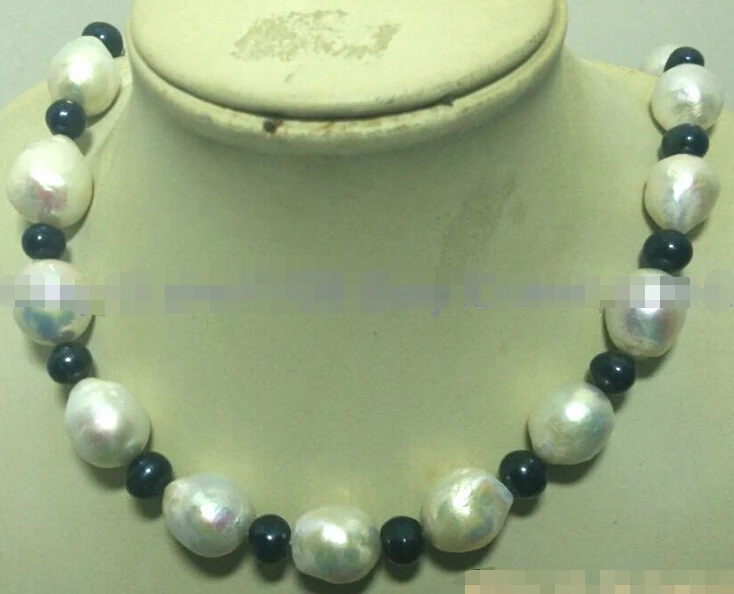 

NATURAL REAL14-25mm SOUTH SEA WHITE&black BAROQUE PEARL NECKLACE AAA@^18K GP style Fine jewe Noble Natural jade FREE SHIPPING