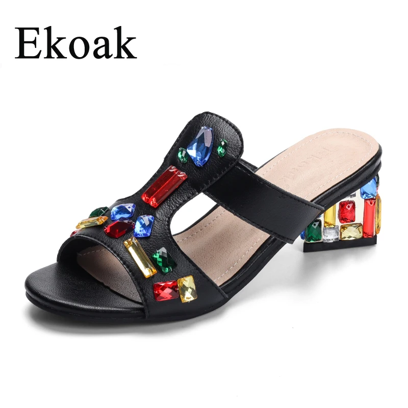 

Ekoak New Women High Heels Crystals Genuine Leather Cow Suede Party Summer Gladiator Sandals Women Ladies Dress Shoes Woman