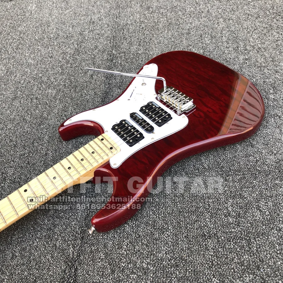 Wine Red Quilted Maple Top Wilkinson Pickups Tremolo Bridge Coil Split M6 Locking Tuners 6 String Clean Sound Stratocaster Electric Guitar (10)