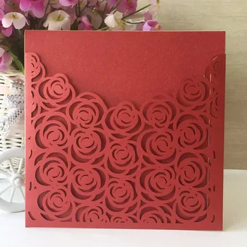 

High Quality 50pcs/lot Square Hollow Rose Wedding Invitation Cards Red White Gold , Without Envelopes, Inner Paper And Seals
