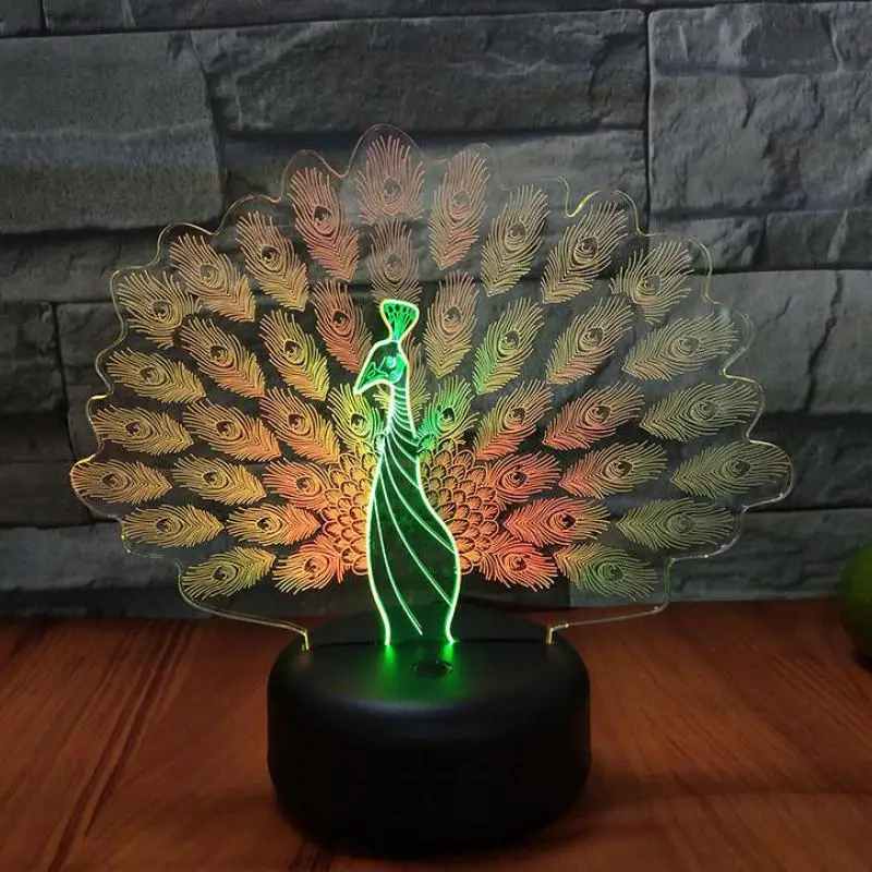 

Peacock Open Screen 3d Visual Night Desk Lamp Light Creative Seven Color Touch Charging Led Birthday Gift Table Lamp For Bedroom