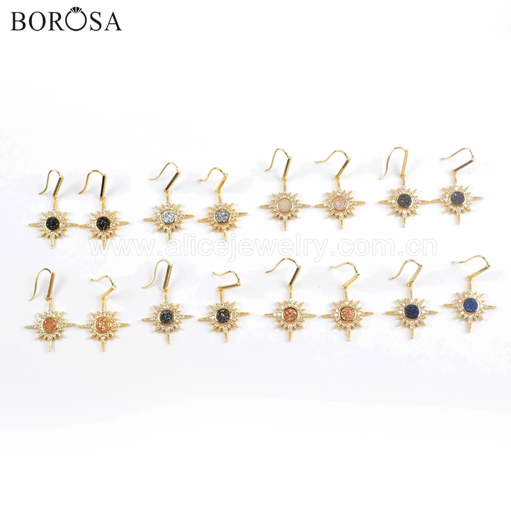 

BOROSA 5Pairs Wholesale Star Shape Gold Bezel CZ Micro Pave Rainbow Round Druzy With Crystal Paved Dangle Earrings ZG0385