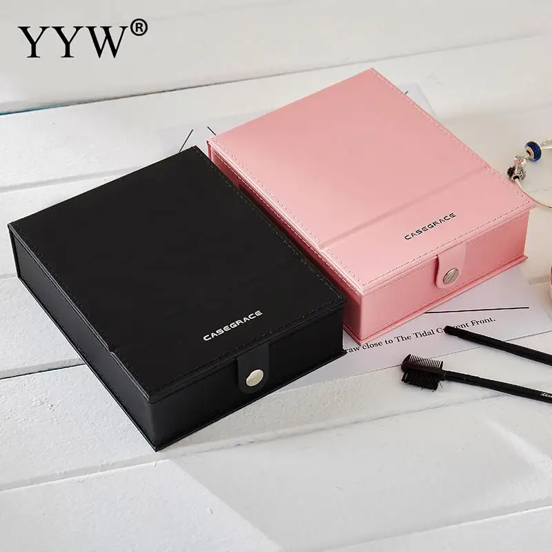 

PU Leather Rectangle Jewelry Box Multi function Makeup Mirror Package Desk Cosmetic Case Organizer Container Black Pink Display
