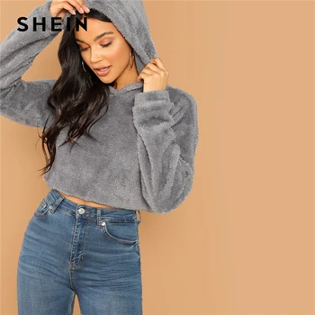 SHEIN Укороченная Толстовка С Заниженной Линией Плеч Женский Осенний Серый Повседневный Топ С Длинными Рукавами