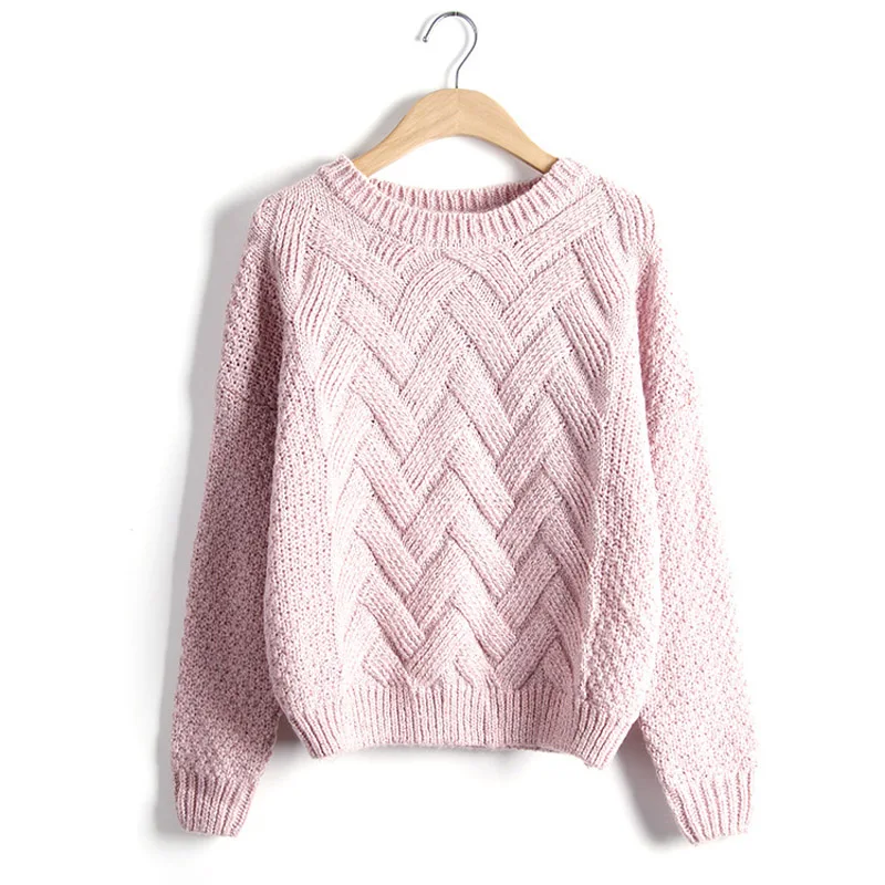 Новинка, зимний однотонный плотный Свободный теплый вязаный свитер, Женский вязаный джемпер с круглым вырезом и пуловер, Топ - Цвет: pink