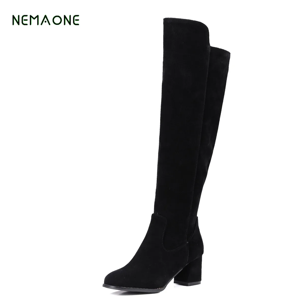 

NEMAONE new Winter Suede Black Stretch Slim Fit Long Fashion Boots Round Toe High Heels Woman Chunky Heels Thigh High Boots